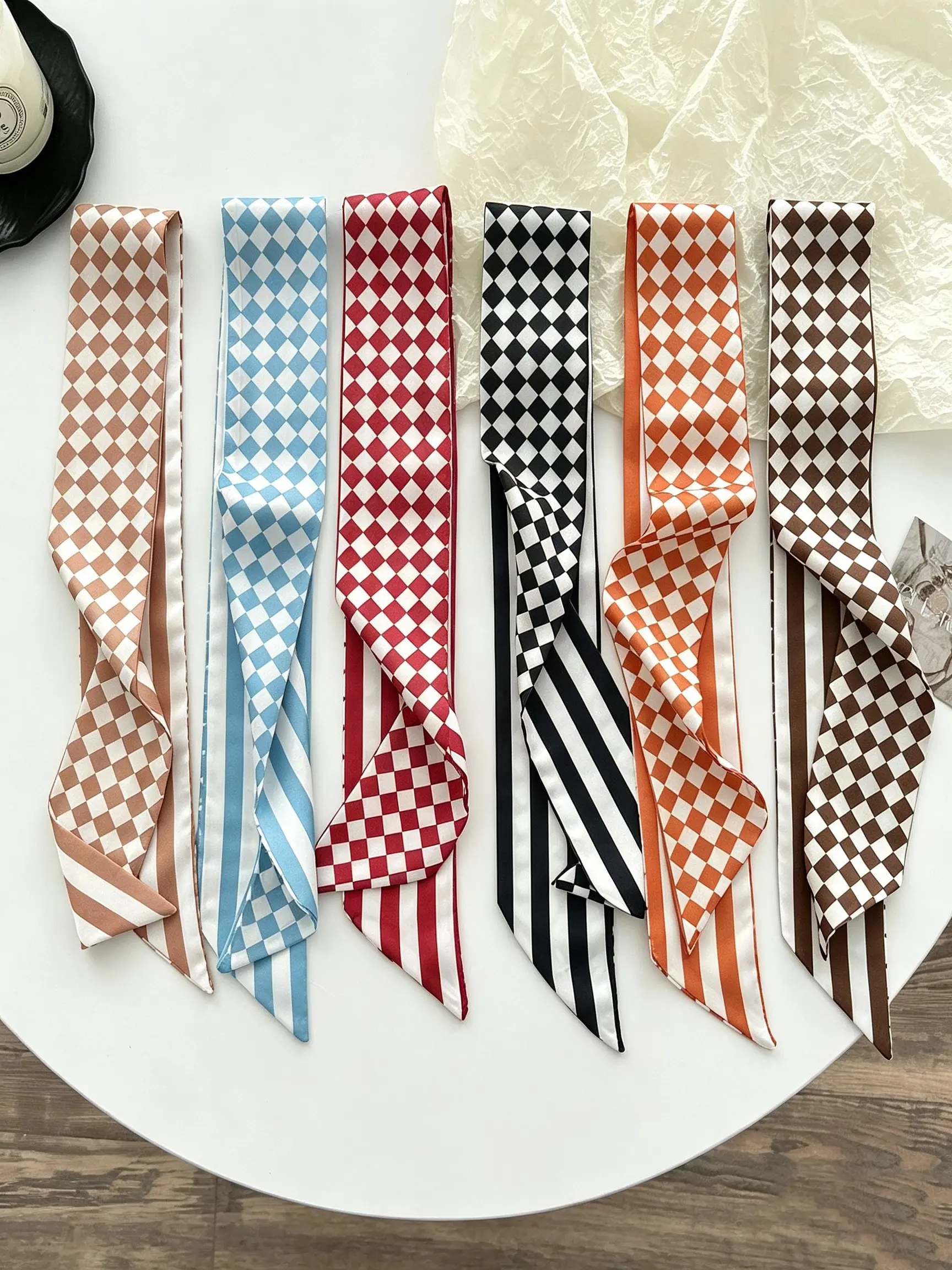6-Piece Colorful Rhombus Vertical Stripes Women's Decorative Neck Scarf, Hair Tie, Bag Strap, Long Ribbon Set, Multifunctional Accessories, Fashion Accessory