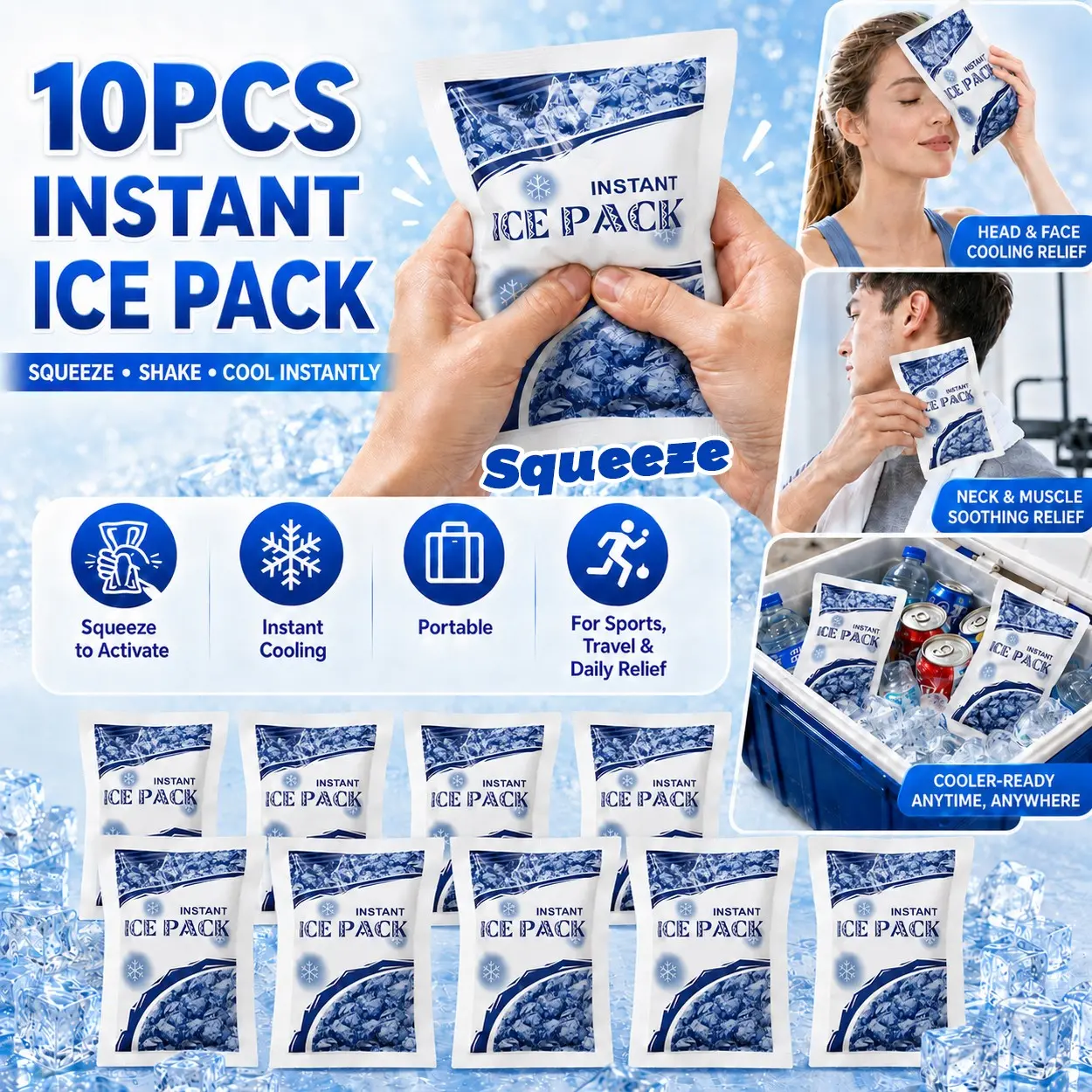 10Pcs Instant Ice Pack Cooling Bags, Squeeze-Activate No-Freezer Cold Compress Packs, Portable Rapid Cooling Ice Packs for Sports, Outdoor Workout, Travel, Beauty Routine, Summer Heat Relief, Lunch Bag, Emergency Cooling, Cooling Pads