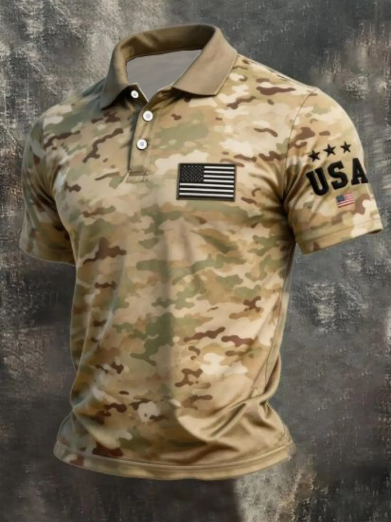 Men's Desert Camouflage Usa Flag Print Polo Shirt, Outdoor Streetwear Tactical All-Over Print Top, Fashionable Slim-Fit Short Sleeve Polo