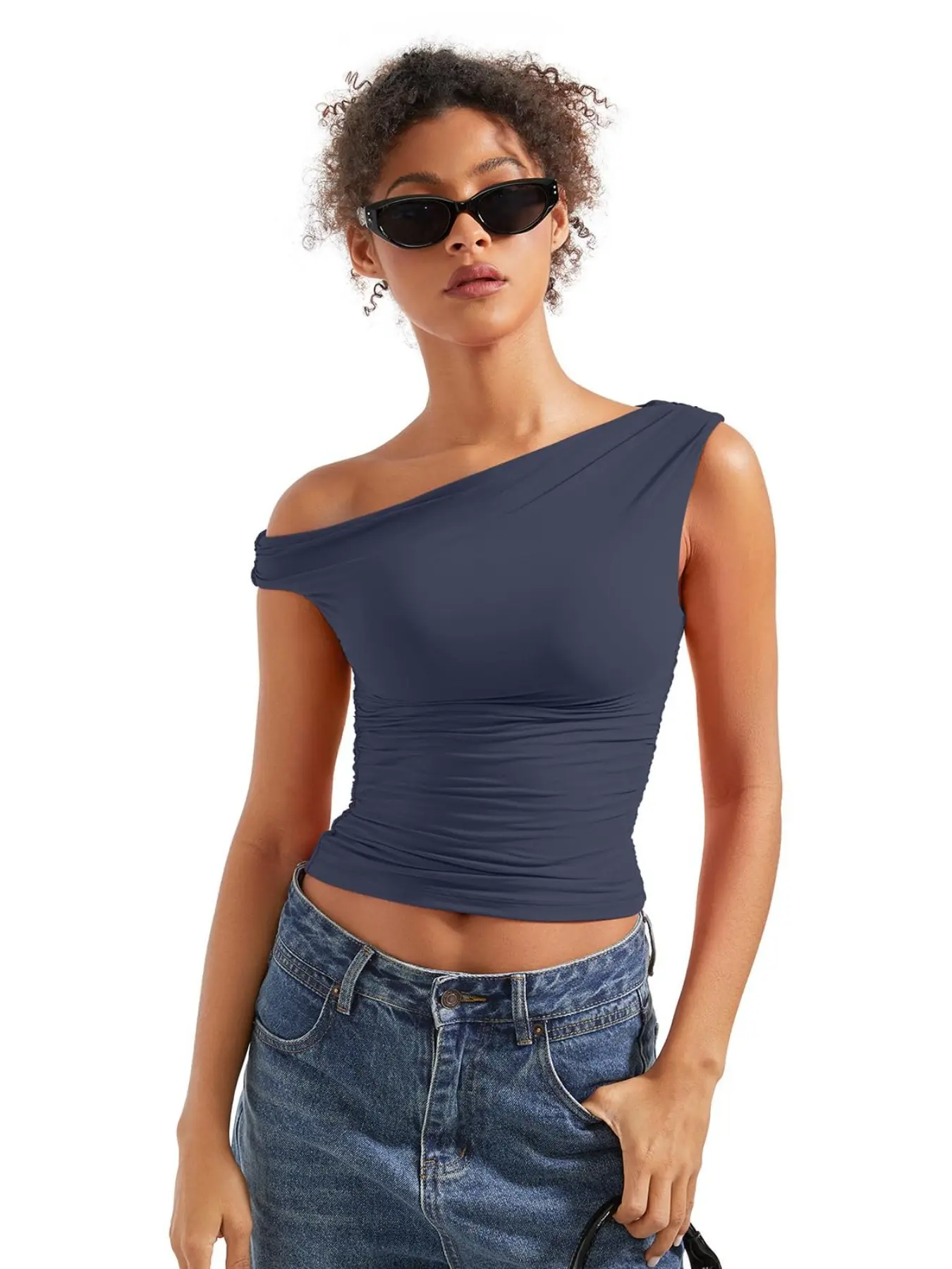 Women Summer Double Lined Asymmetrical Off Shoulder Tops Sleeveless Shirts Y2K Going Out Crop Tank Top