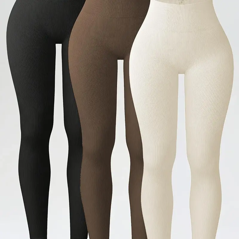 【Black Friday】Women’s 3-Pack Solid High-Waisted Workout Leggings, Comfortable Breathable Ribbed Slim-Fit Pants for Yoga, Gym Workouts, and Year-Round Wear