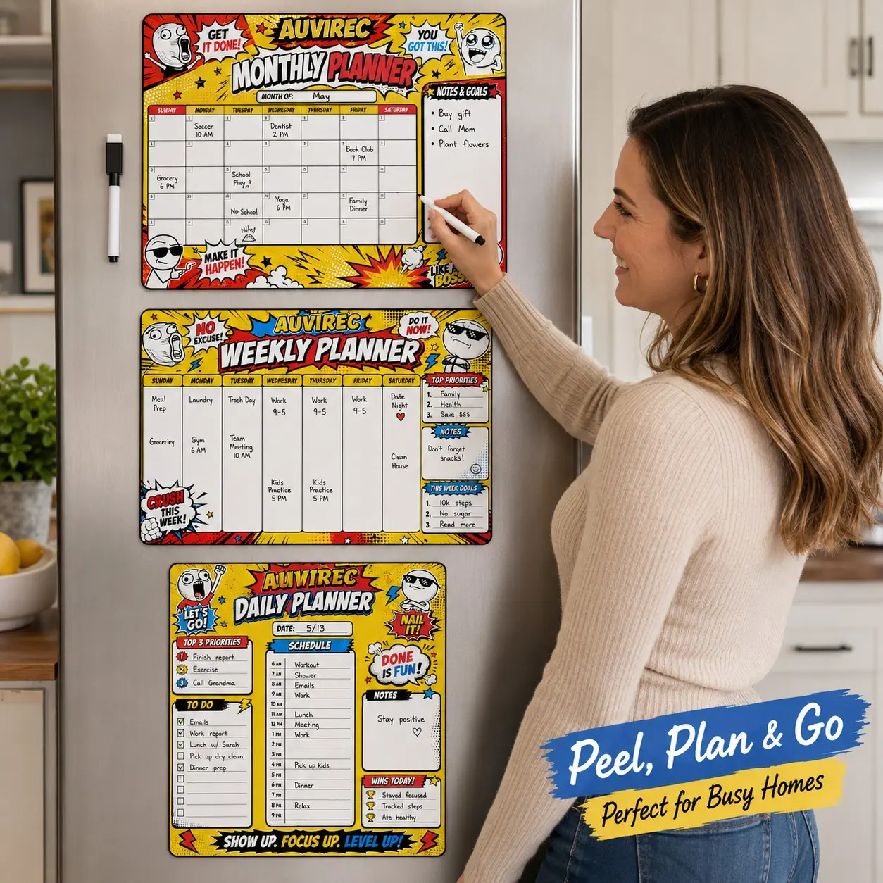 Auvirec 3-Piece High Contrast Dry Erase Calendar Set, Reusable Self-Adhesive Planner Board, Includes Marker, Home Office Use