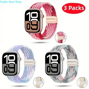 3-Pack Magnetic Buckle Braided Nylon Apple Watch Bands, Elastic Solo Loop Sport Straps, Breathable Outdoor Wristbands Compatible with 38–49mm Ultra 2, SE & Series 1–10 for Daily Wear & Hiking