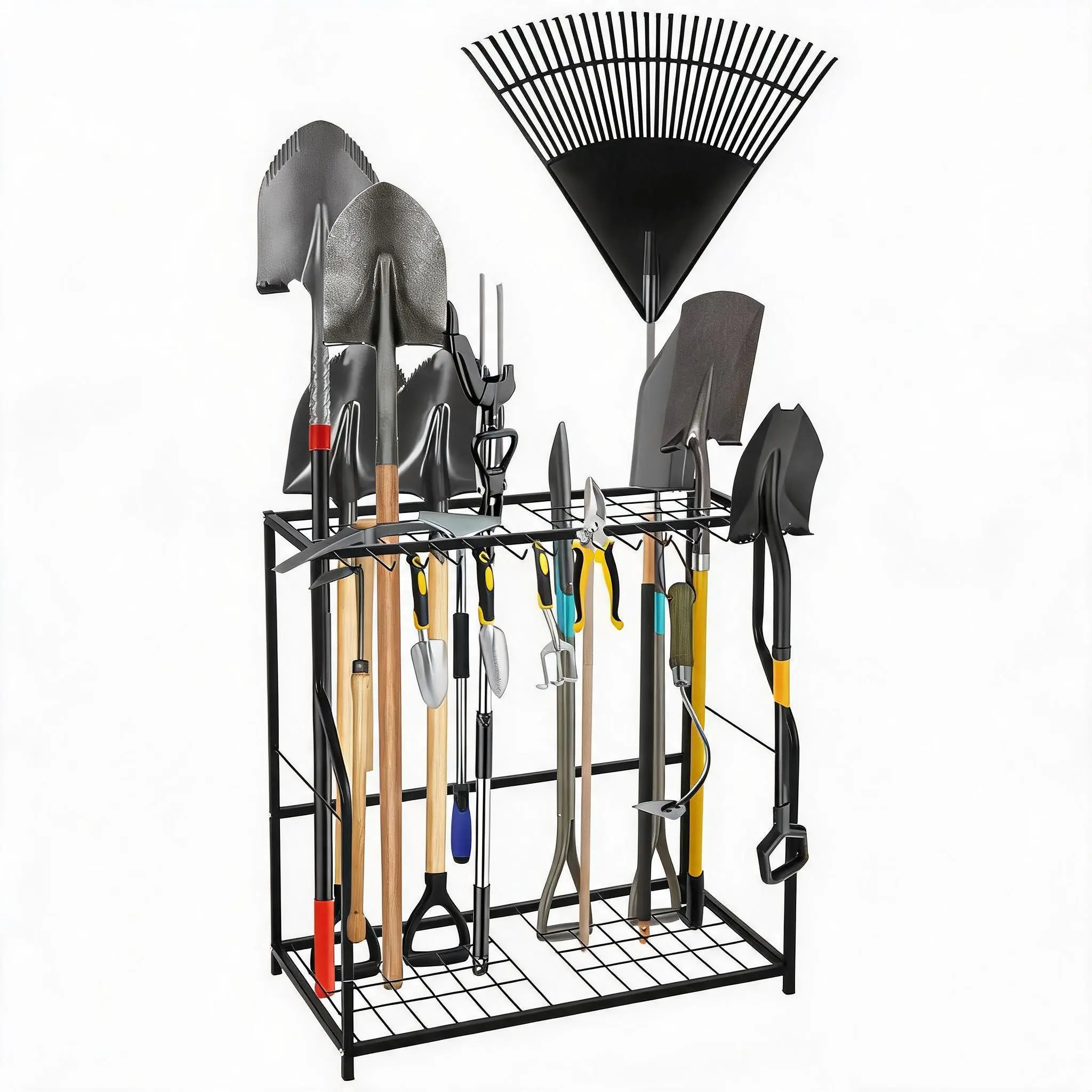 Garden Tool Organizer Rack,Metal Yard Tool Rack with 2 Shelves&14 Hooks,Holds 43 Long-Handled Tools, Rakes, Shovels & Brooms