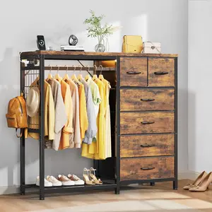 Tall 47" Dresser with Hanging Rack, 6 Fabric Drawers & Wooden Top, LED Lights & Charging Station, Grid Panel with Hooks for Bedroom
