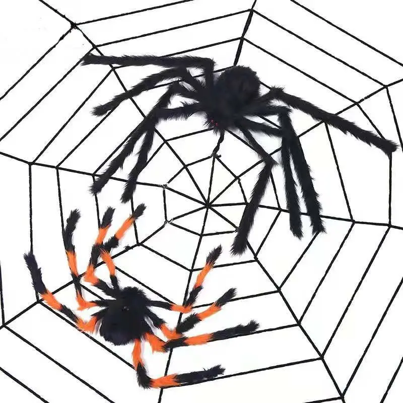 2 Styles Giant Furry Spider Decor Prop, Bendable Long Leg Fake Spider Ornament, Black & Black-Orange Tarantula Decor, Halloween Haunted House Wall Party Decor Gift Cross-Border Wholesale