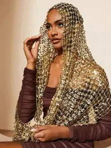 Women's Sparkling Sequin Bohemian Mesh Long Shawl, Solid Color Fringe, Elegant Fashion Accessory for Daily/vacation/dinner
