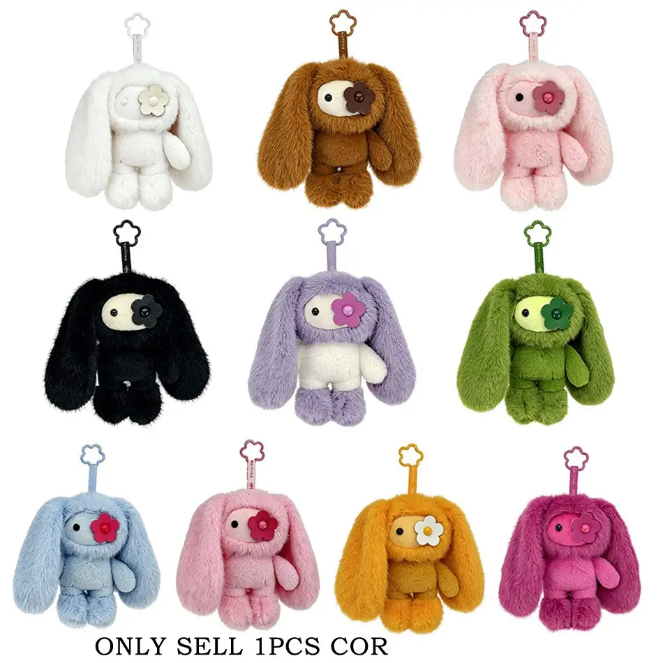 Cute Juju Rabbit Plush Fuzzy Keychain Flower Eye Bunny Stuffed Doll Kawaii Long Ears Animals Bag Pendant Car Keyring Toy Gift for Girl