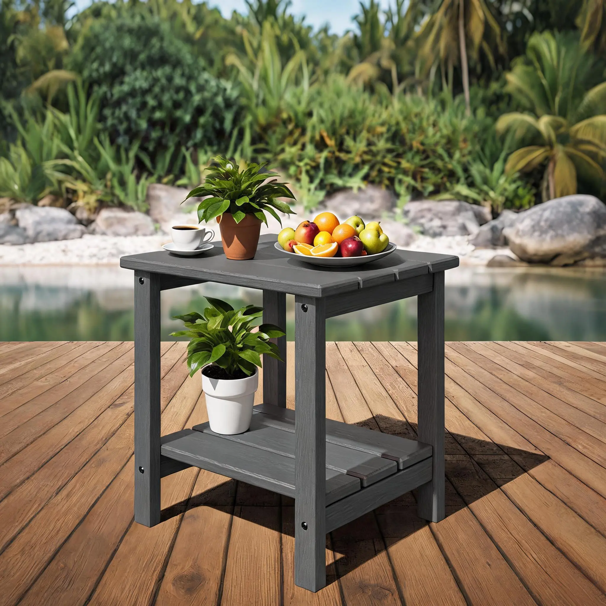 Durable 2-Tier HDPE Outdoor Side Table - Weather Resistant Patio End Table - Square Accent Table for Porch, Deck, Poolside, Backyard - All-Weather Design