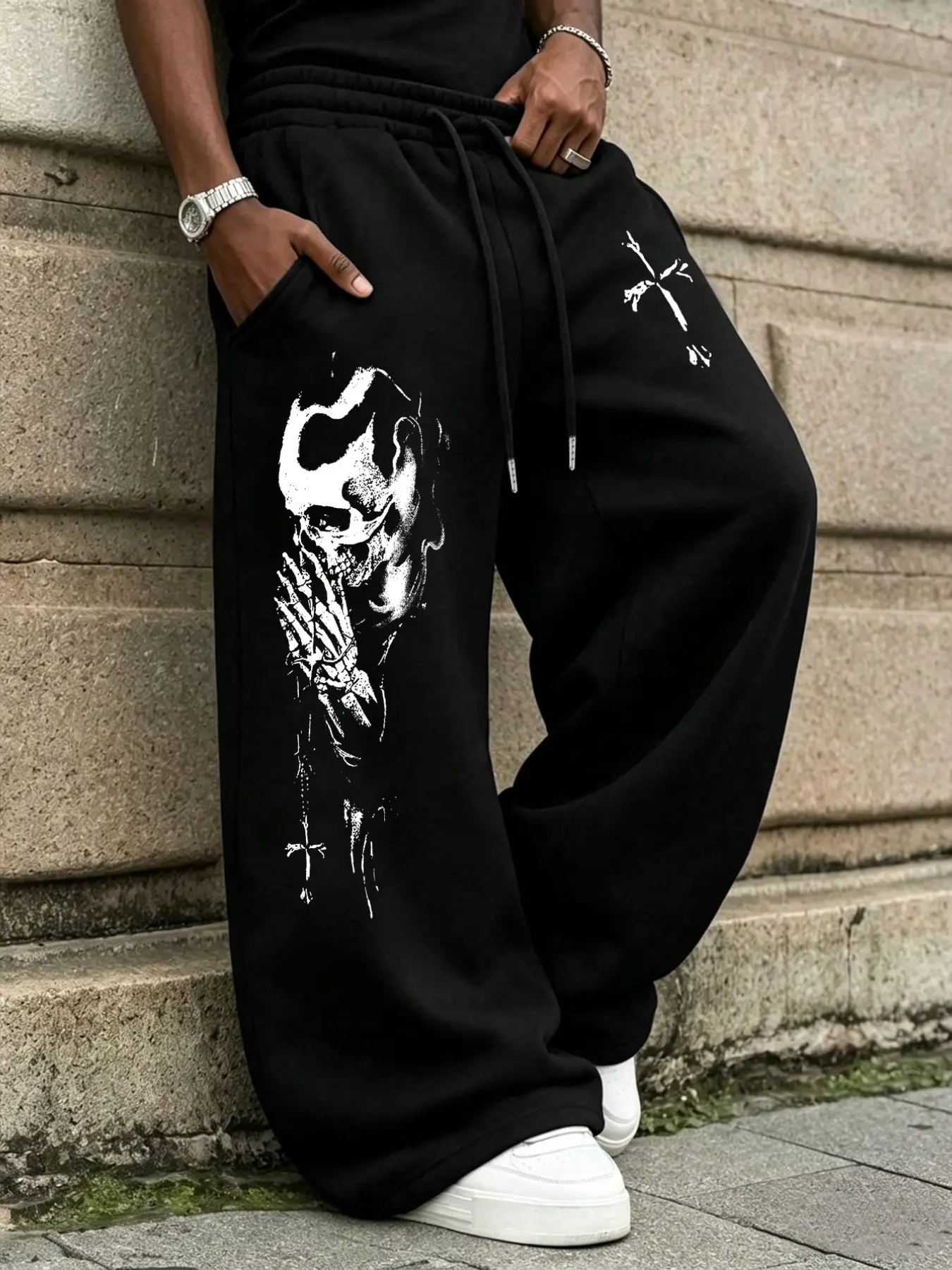 Dark Gothic Skeleton Prayer Skull Graphic Wide Leg Track Pants Occult Cross Print Oversized Baggy Sweatpants Elastic Waist Streetwear Trousers Suitable For Punk Concert Night Out Casual Street Outfit