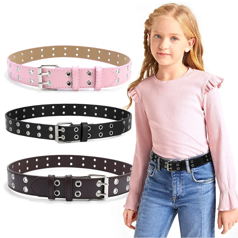 Girls' Leather Belt with Double Grommets, Double Pin Buckle & Round Eyelets - Full Length Adjustable Waistband for Jeans, Dresses, School Outfit Inspo - Pink, Black, Brown Girls' Wear Outfit for School Sports & Outdoor Accessories