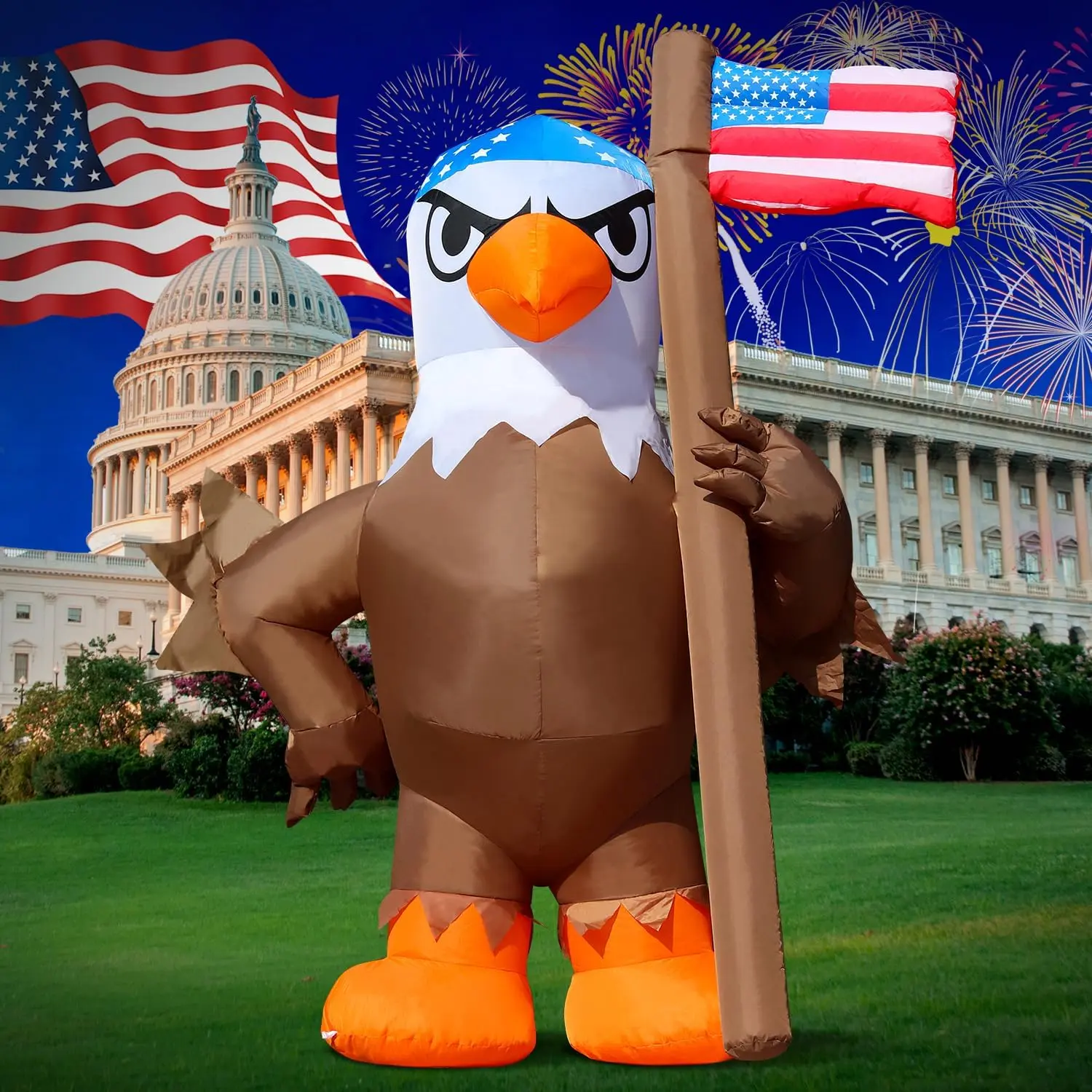 5.5FT Patriotic Independence Day 4th of July Memorial Day Inflatable Outdoor Decoration, Patriotic Eagle Waving American Flag, LED Lights Holiday Blow Up for Fourth of July Party Garden Yard