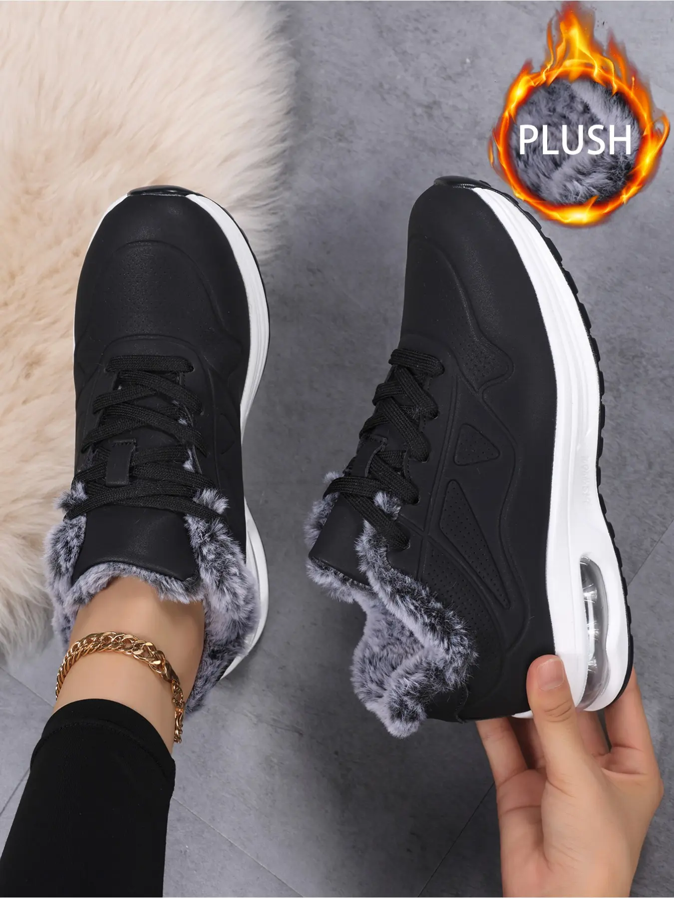 Bright Color Women's Fleece Lined Air Cushion Cushioned Sneakers, Stylish Fashion Sneaker, Winter Warm Plush Lining Platform Shoes, Non-Slip Shock Absorbing Casual Footwear for Daily Commute & Party, All Seasons Sneaker