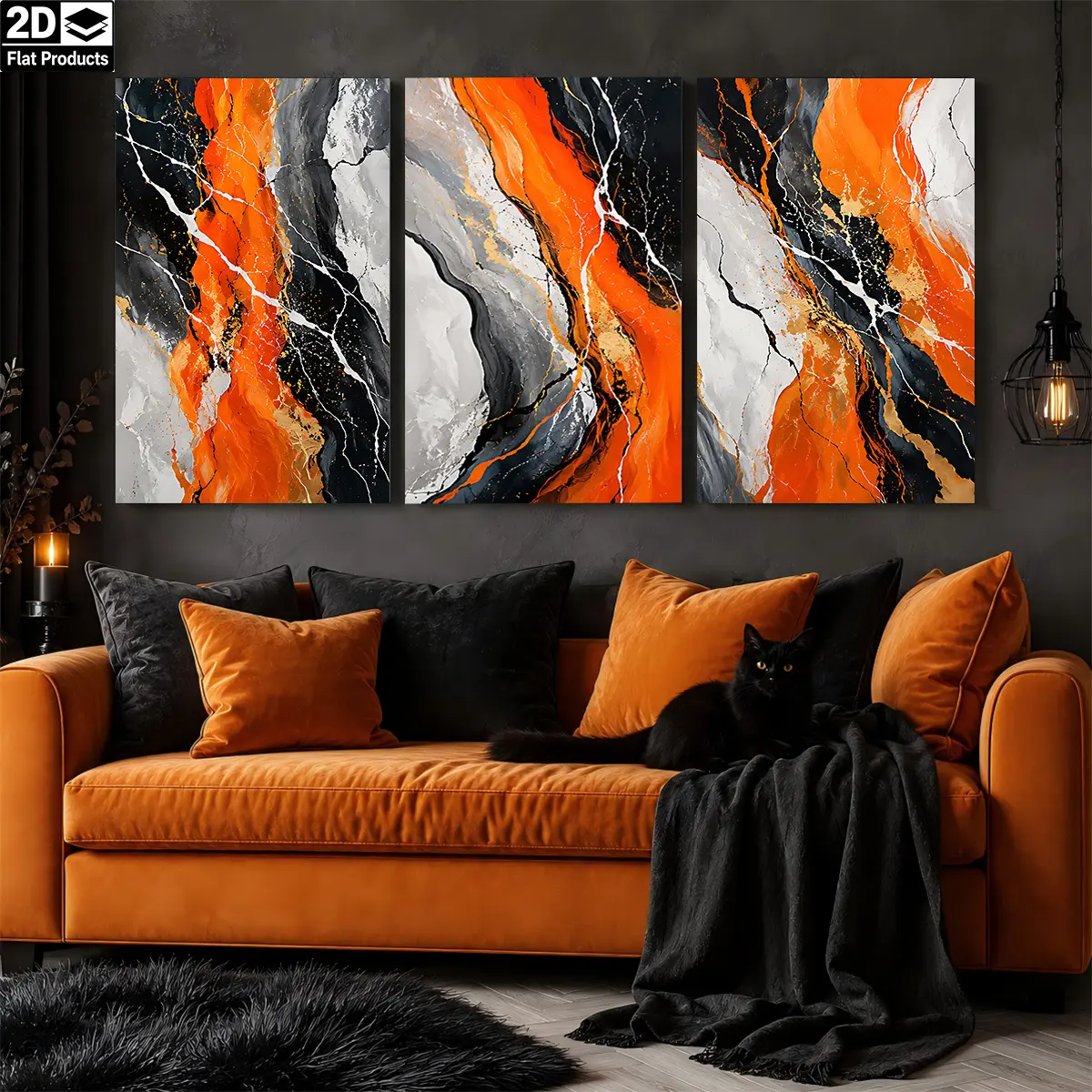 Artistic 3-Piece 2D Flat Decorative Wood-Framed Canvas Wall Artwork Set - Abstract Fluid Texture Paintings (Orange, Black, Gray, White), Waterproof Print, Ready to Hang, Home Decor, Father's Day Gift Option, Frames, Hanging