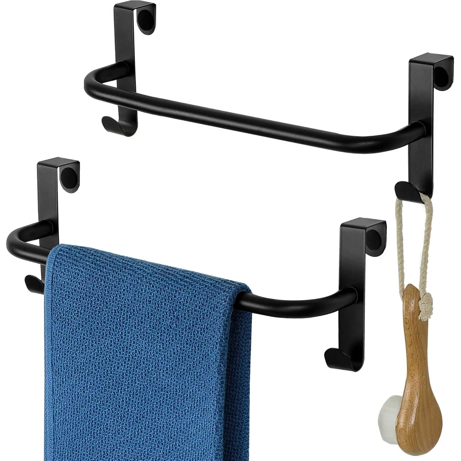 Kitchen Towel Holder for Cabinet with 2 Hooks, 10 Inch Over The Cupboard Door Dish Towel Rack, Black Towel Bar, 2 count (11.5 Inch  Length)
