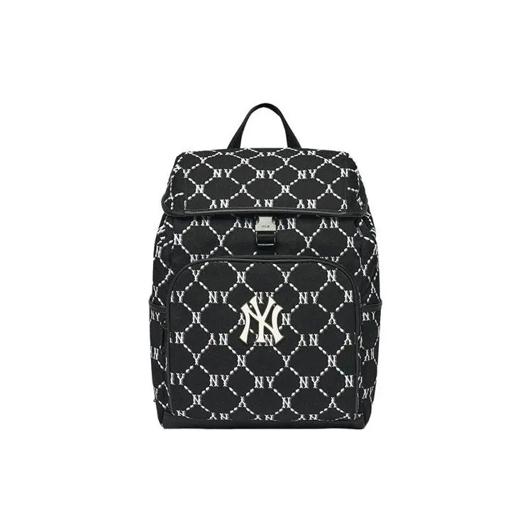 MLB Monogram Vintage Floral Print Letter Logo Zippered Nylon Backpack for Men and Women, Retro Style, Black