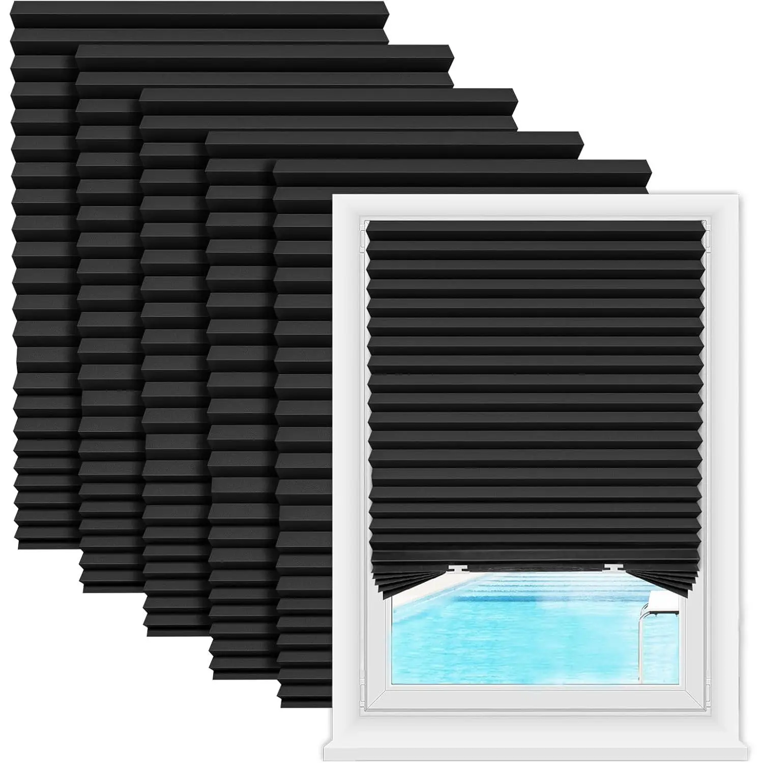 6 Pack Window Blackout Shades, 100% Shading Cordless Light Filtering Pleated Paper Shades, 36 in x 72 in, Fits Windows 19”- 36”, Black