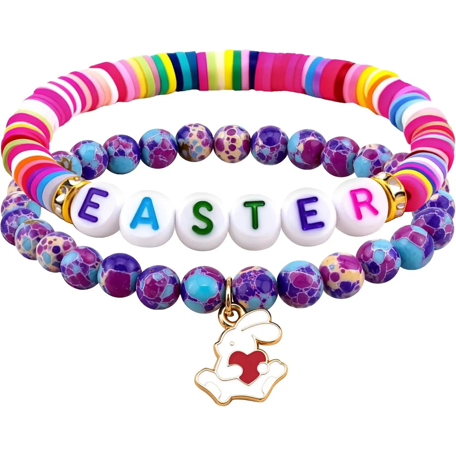 2 count  Bead Bracelet Set Easter Bunny Bracelets for Women Teens | Cute Pastel Stackable Beaded  Bunny Egg Charm Bracelet Stuffers Spring Gifts for Daughter Easter Party Favors
