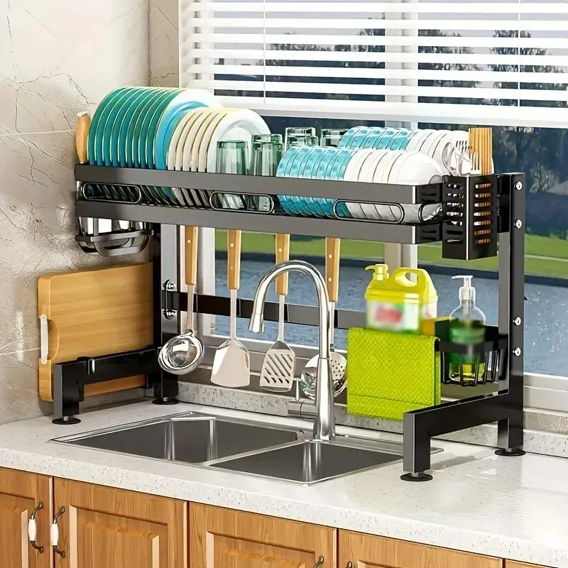 Over Sink Dish Drying Rack, Compact Design Multi-Function Rustproof Metal Kitchen Sink Organizer with Utensil Holder, Cutting Board Rack & Side Storage Baskets, Space Saving Kitchen Dish Storage Shelf