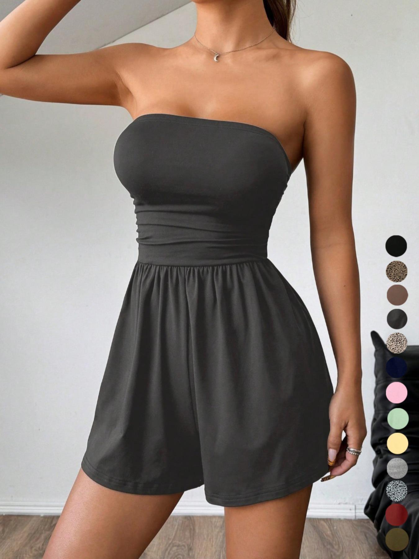 LovelyWholesale，Women's Plain Leopard Print Sleeveless Fitted Tube Romper, Casual Fashion Strapless Romper for Spring And Summer, Women's Clothes for Daily Wear