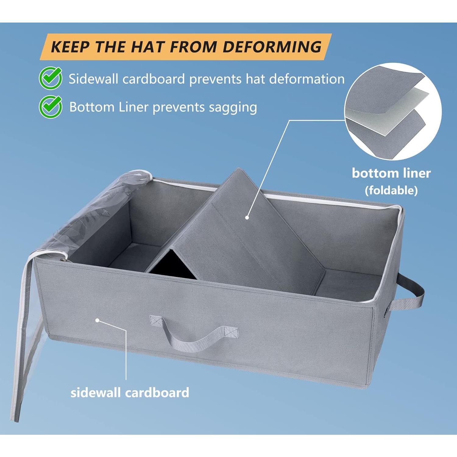 Large Hat Storage Box for Baseball Caps, Holds Up to 50 Caps Wide Hat Organizer for Closet with Cardboard, Under Bed Snapback Holder, Grey