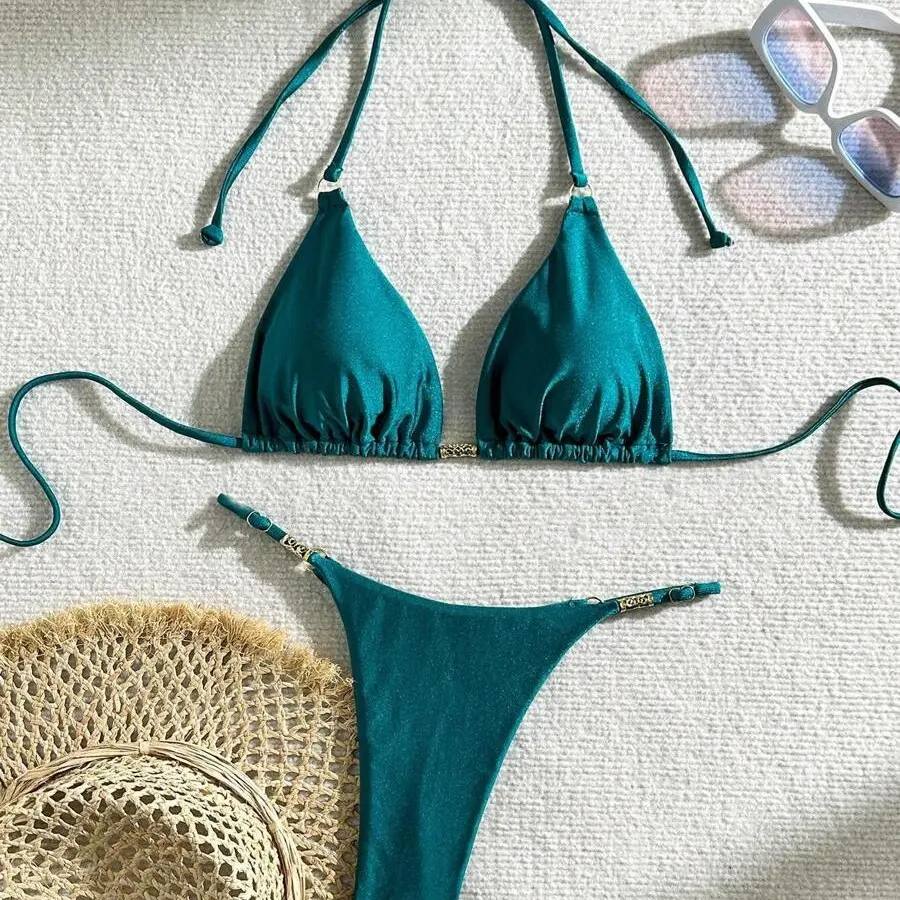 Solid color metallic embellished bikini, sexy halter neck tie-back swimsuit