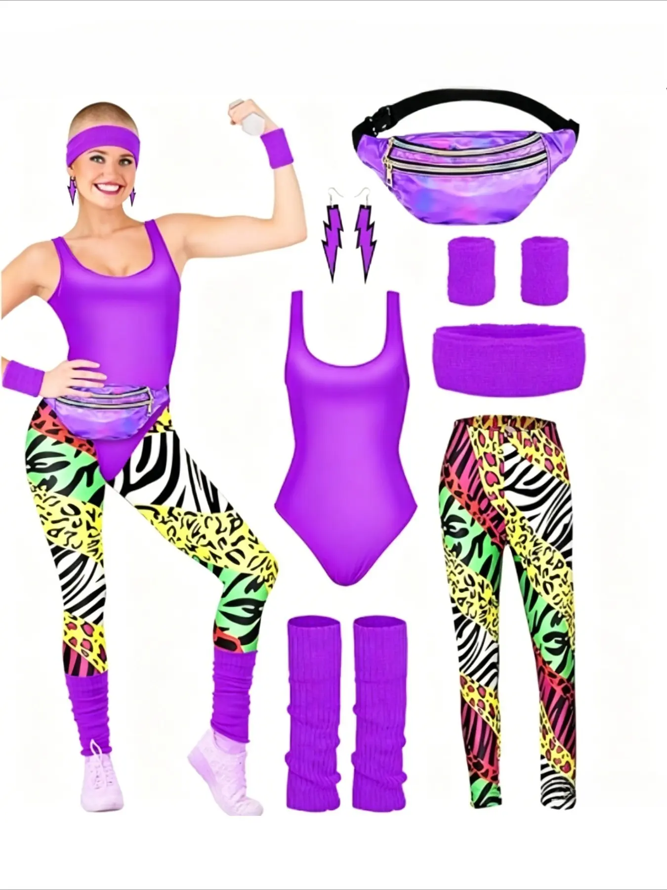 7-piece Retro Disco 80s Aerobic Dance Clothes Sportswear Jumpsuit High Waisted Leggings Leg Guards and Waist Bags Party Performance Outfit