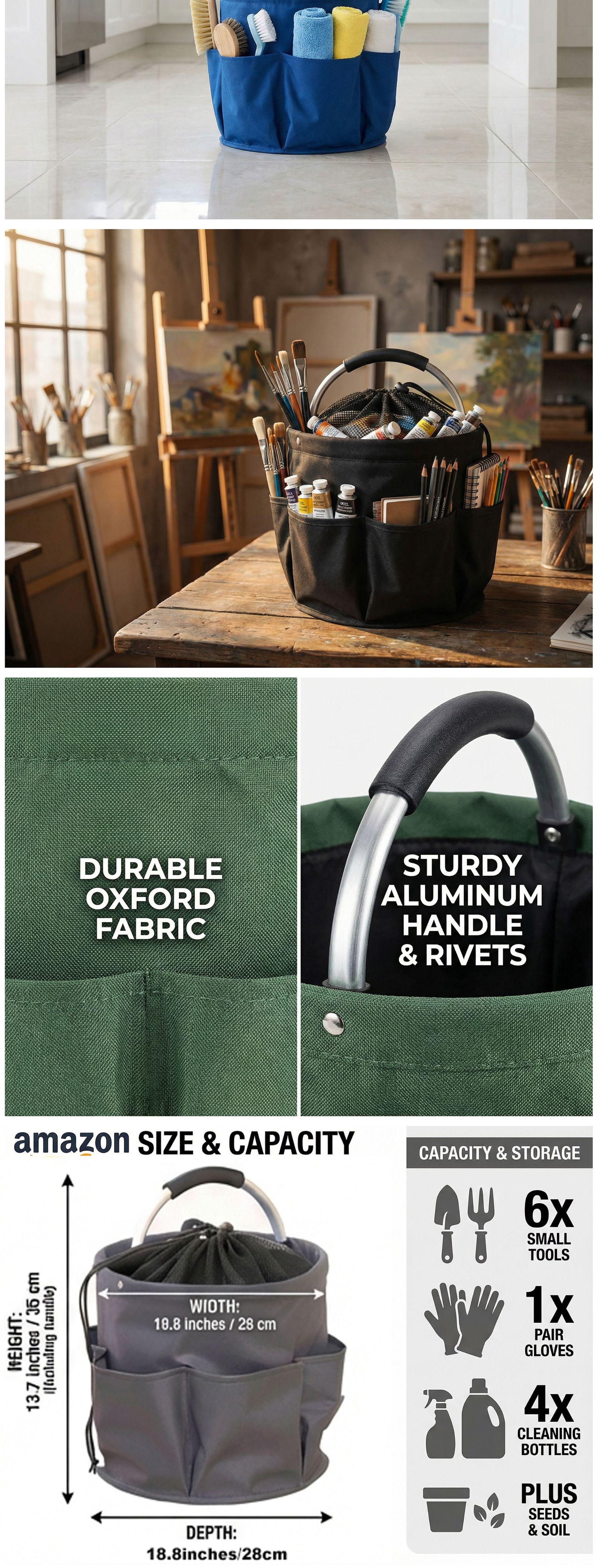 Foldable 18L Camping & Picnic Basket - Nylon Construction with 6 Storage Pockets and Comfortable Handles; Multi-functional Design, Ideal for Outdoor Activities, Gardening, and Organizing Cleaning Supplies.