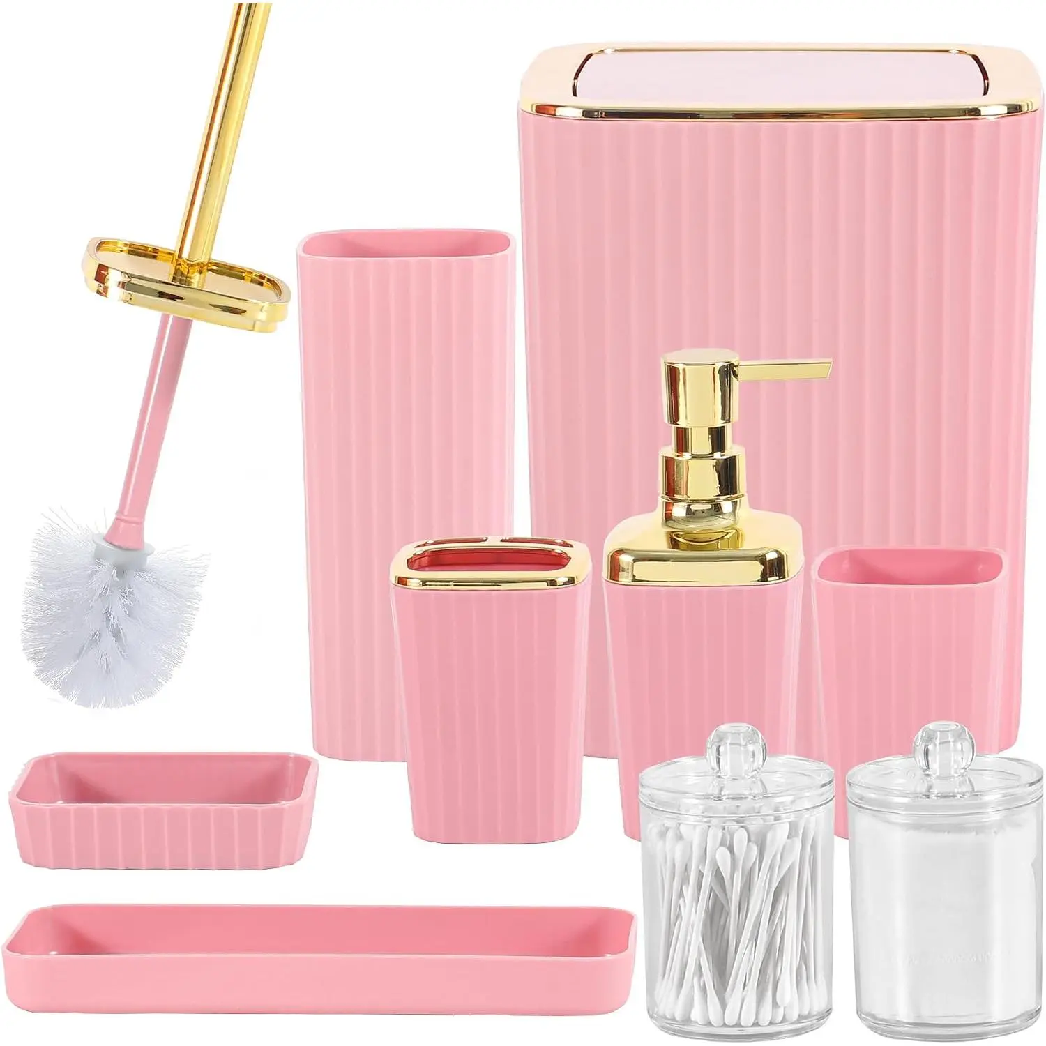 Bathroom Accessory Set,9 Pieces Pink Bathroom Accessories Set with Trash Can, Toothbrush Holder, Soap Dispenser, Toothbrush Cup, Vanity Tray, Soap Dish, Toilet Brush, Qtip Holder