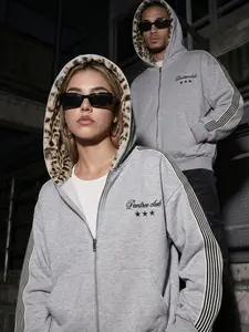 Men Women Leopard Print Fuzzy Hooded Jacket, American Vintage Side Stripe Embroidery Zipper Coat, Trendy Couple Open Front Sweatshirt