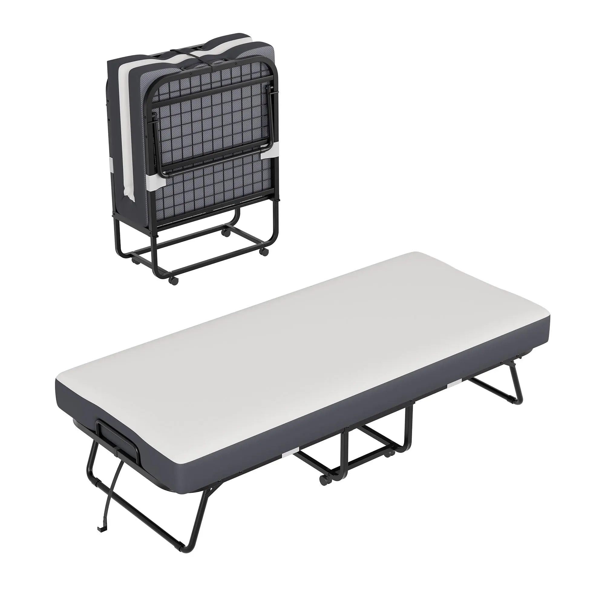 Folding Bed with Mattress – Rollaway Guest Bed for Adults with 5" Memory Foam, Steel Frame, 4 Lockable Wheels, Space Saving Portable Bed for Guest Room, Dorm, RV & Small Apartment