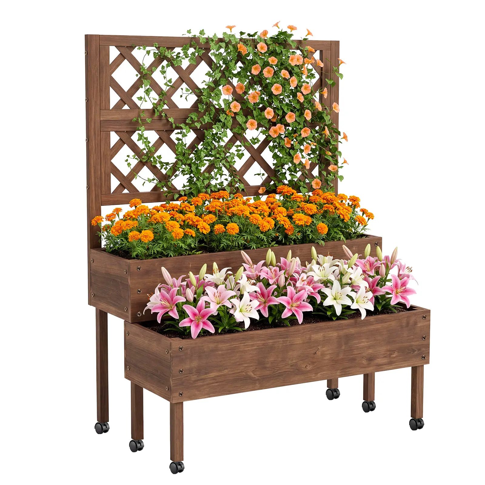 2-Tier Wooden Raised Garden Bed with Trellis & Wheels – Elevated Planter Box with Legs, Drainage Holes – Mobile Vertical Planter Stand for Climbing Plants, Vegetables, Flowers