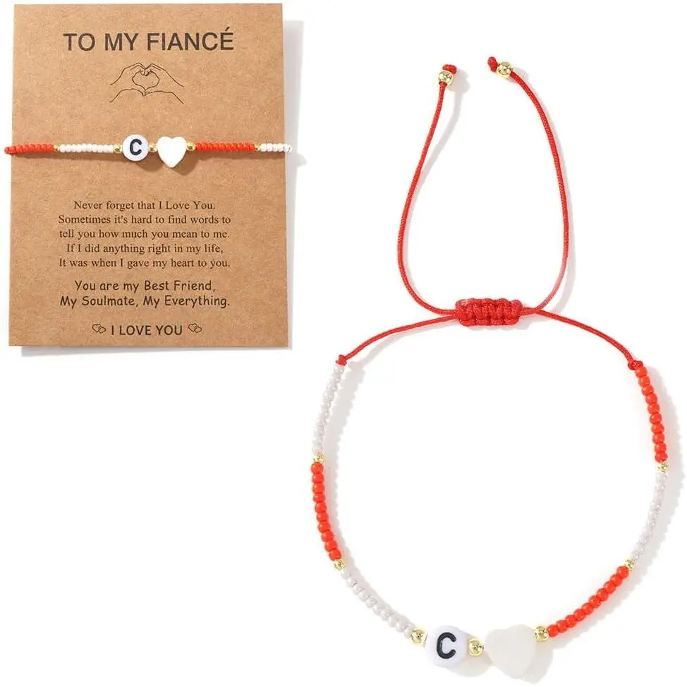 Cute Heart Initial A-Z Beaded Adjustable Bracelet for Women Men,  Red White Beads String Statement Romantic  Birthday  Friendship