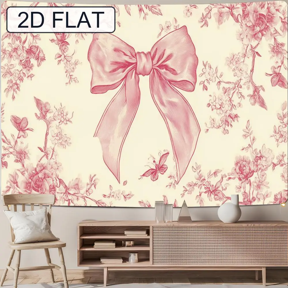 [JIT]1pcs, Tapestry, Pink bow on white background, for wall decoration, party background, Holiday decoration, furniture protection, warmth, camping, gifts, living room, home decoration, bedroom, office, dormito