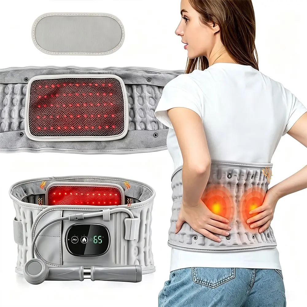 LED Red Light Warmth Inflatable Waist Brace, Airbag Traction Vibration Massage Lumbar Back Support Pad, 3 Vibration Modes, Rechargeable Adjustable Waist Support Belt