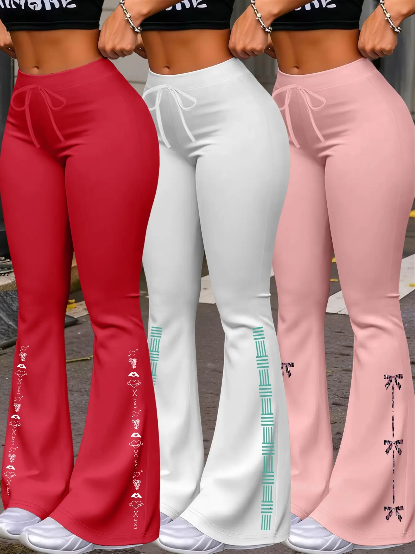 Women's Casual Long Pants Set, Fitted Wide Leg Yoga Jogger, Drawstring Waist, All Seasons Wear, Soft Milk Silk Material, 3 Pieces, Striped & Bow Print