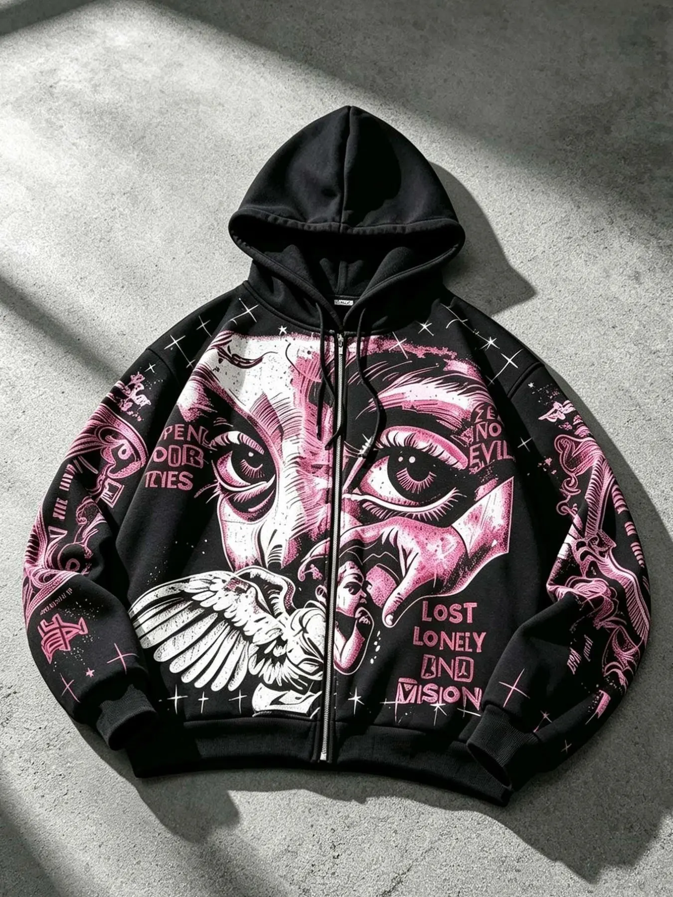 Y2K Street Style Men's Loose Zip-Up Cardigan Hoodie with Angel Print Retro Hooded Cardigan Jacket, Unisex Style, Couple's Casual Sweatshirt Jacket