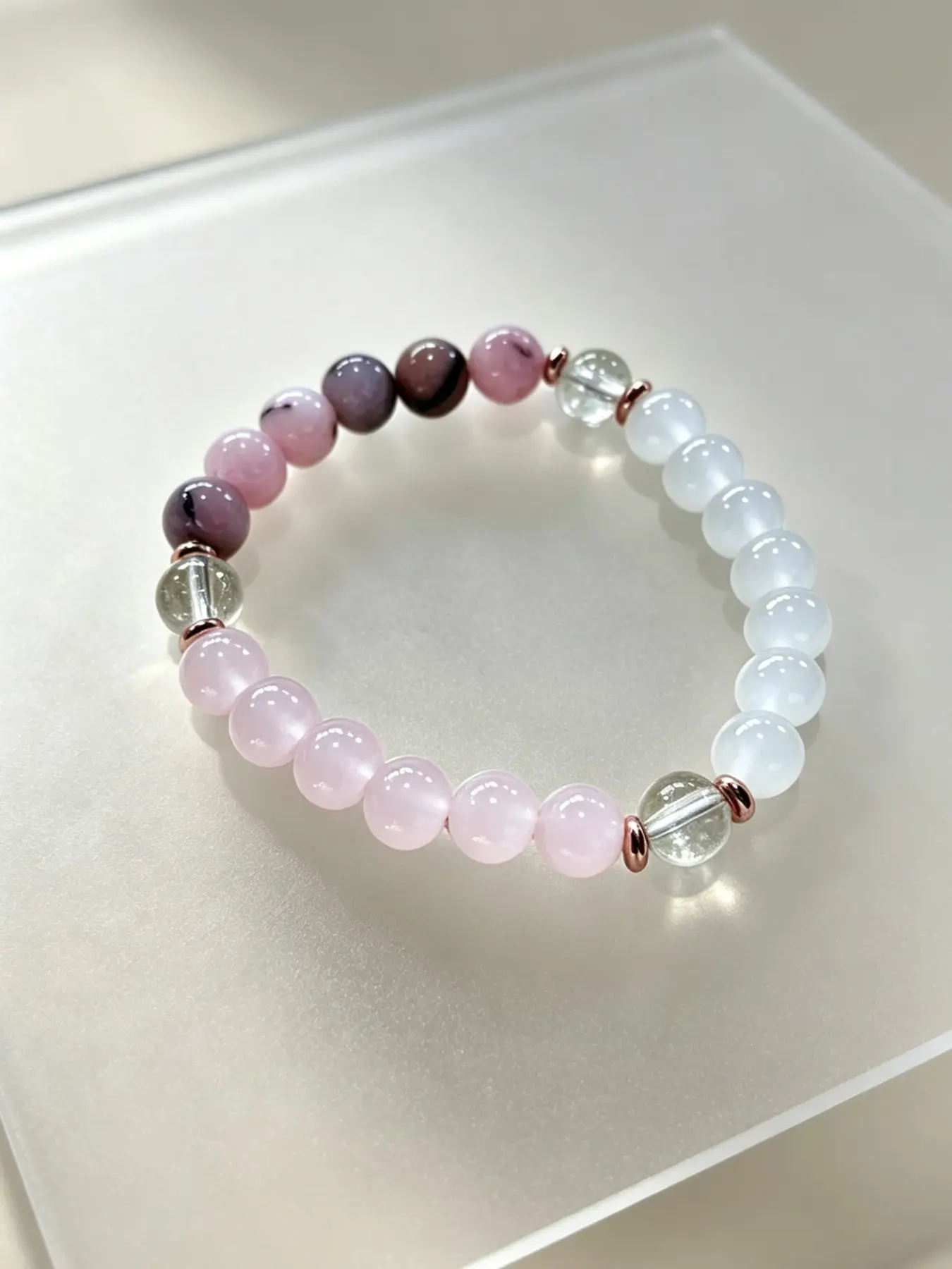 Rose Quartz & Clear Quartz Beaded Bracelet 8mm, Handmade Serenity Circle Jewelry, Delicate Pink & White Crystal Design, Great Gift for Her, Perfect for Self-Care & Special Occasions , Healing Crystal Beaded Jewelry,Enhances Peace & Focus