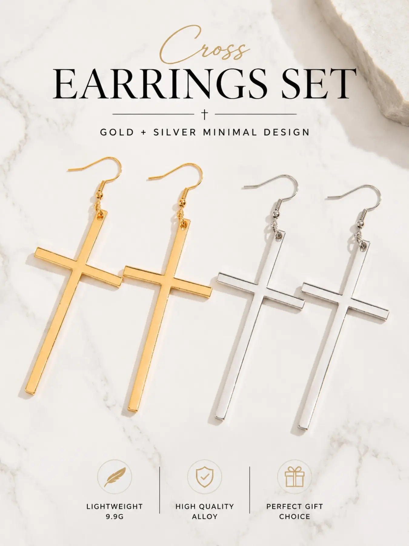 Cross Earrings Set Gold Silver Minimal Long Cross Dangle Earrings Lightweight Fashion Statement Jewelry Gift for Her and Him Elegant Unisex Trendy Stainless Alloy Drop Earrings 9.9g 8.6cm Luxury Cross Jewelry Best Seller Item!!