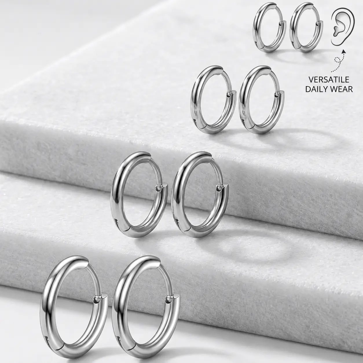 4 Pairs 316L Surgical Stainless Steel Hoop Earrings Set 8mm 10mm 12mm 14mm Small Silver Hypoallergenic Cartilage Hoops for Men and Women