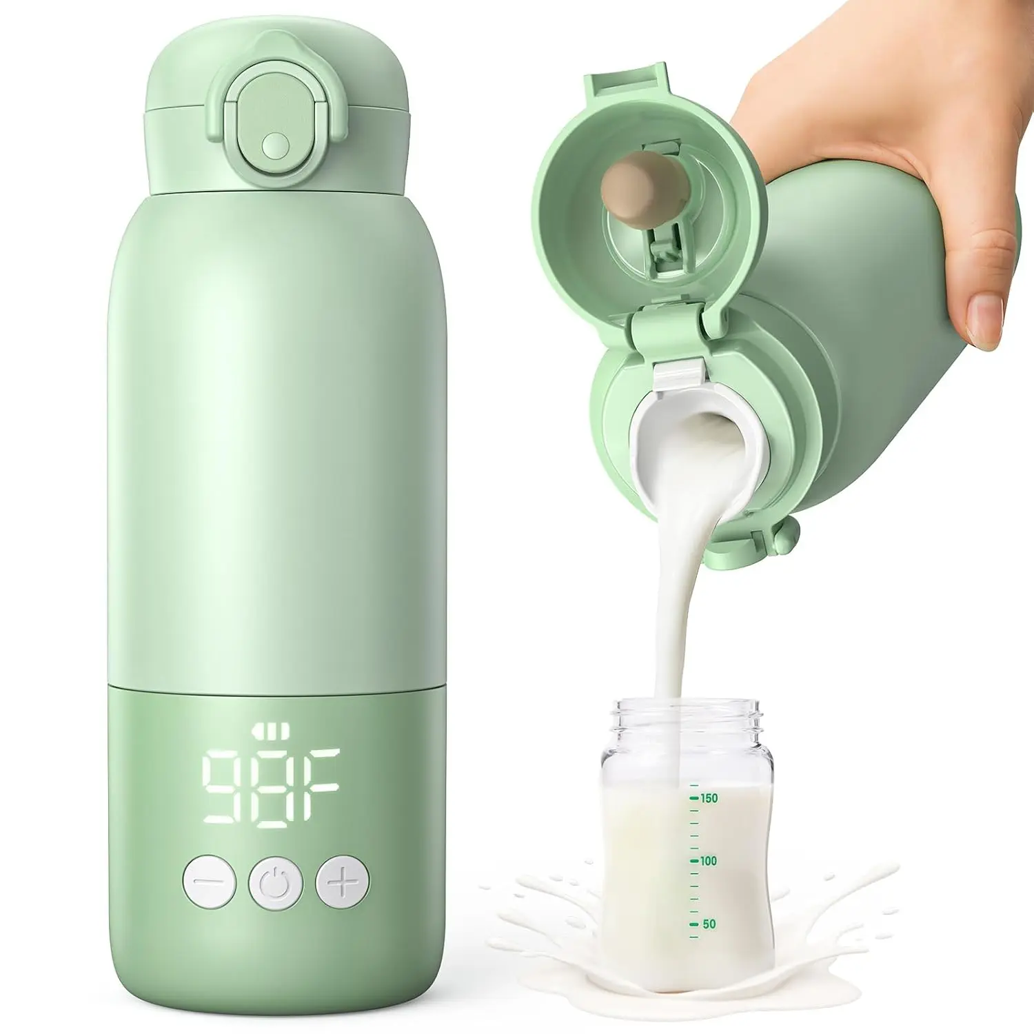 Portable Cordless Bottle Warmer for Baby Breastmilk & Formula, 12oz, 80W Fast Heating, 316 Stainless Steel, 11400mAh Rechargeable, Precise Temp Control, LED Display, Safety Lock, Travel-Friendly