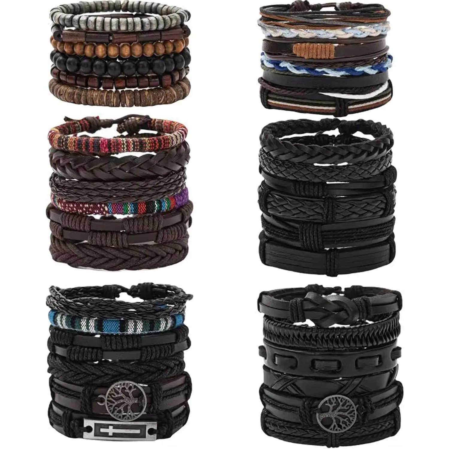 36Pcs Braided Leather Bracelets for Men Women| Handmade Wrap Woven Cuff Bracelets Wooden Beaded Bracelets Vintage Ethnic Tribal Wristbands Bracelet Set Adjustable