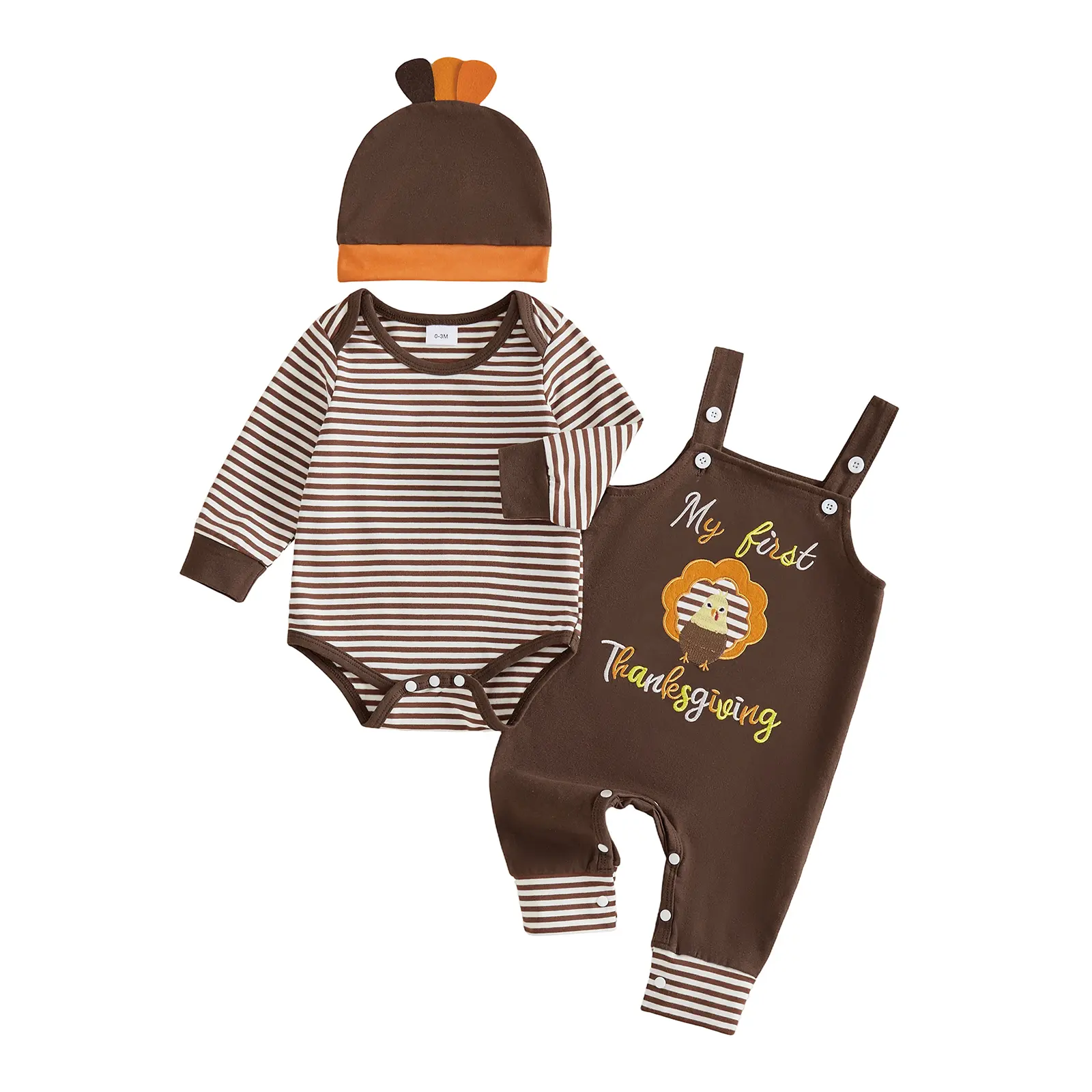 Canrulo Newborn Baby Boys Thanksgiving 3Pcs Fall Outfit Turkey Embroidery Overalls Striped Bodysuit With Turkey Hat Clothes Set 0‑18M