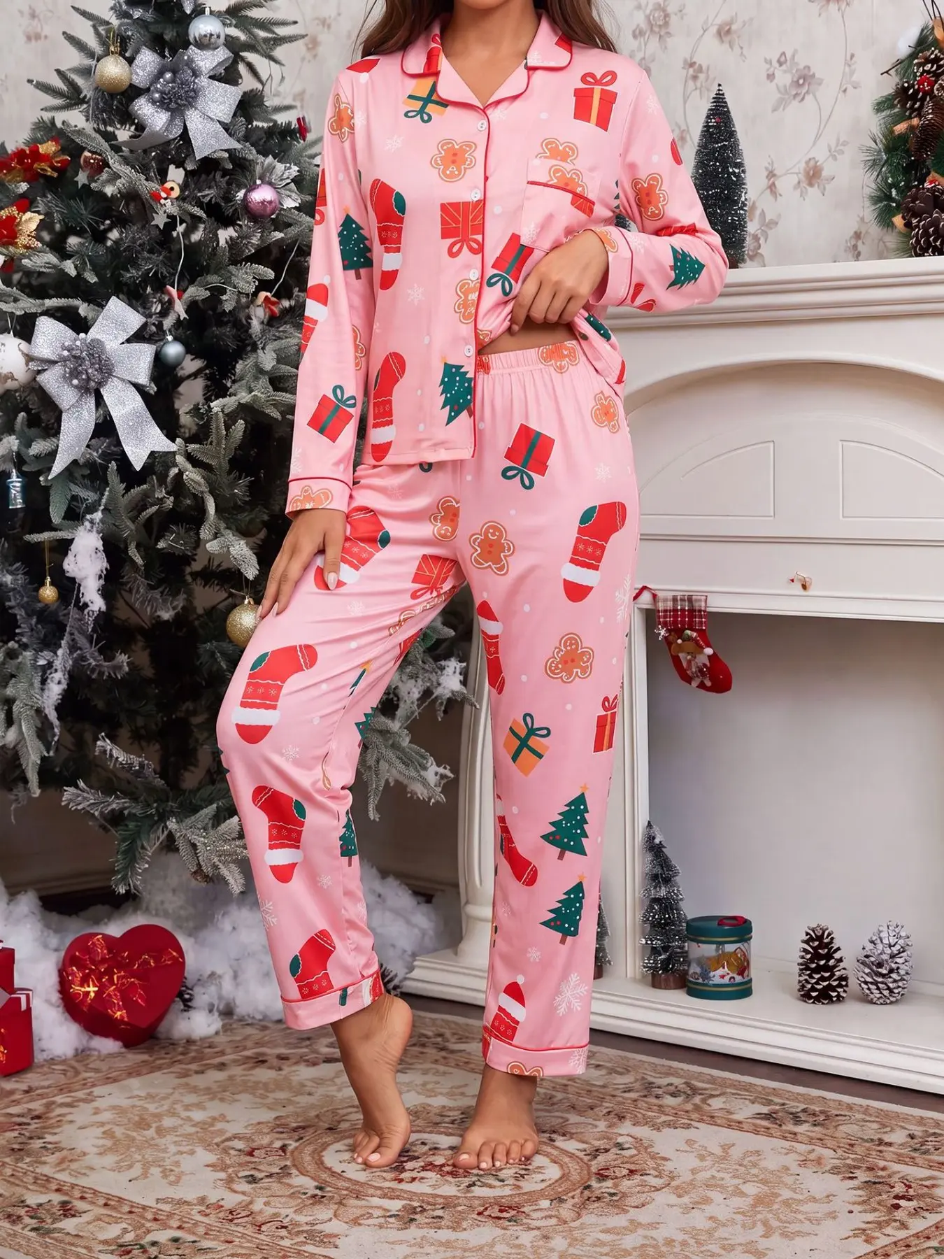 Women's Christmas Pajama Set, Fashionable Long Sleeve and Pants, Loose-Fitting Casual Home Wear, Fall & Winter Sleepwear Loungewear