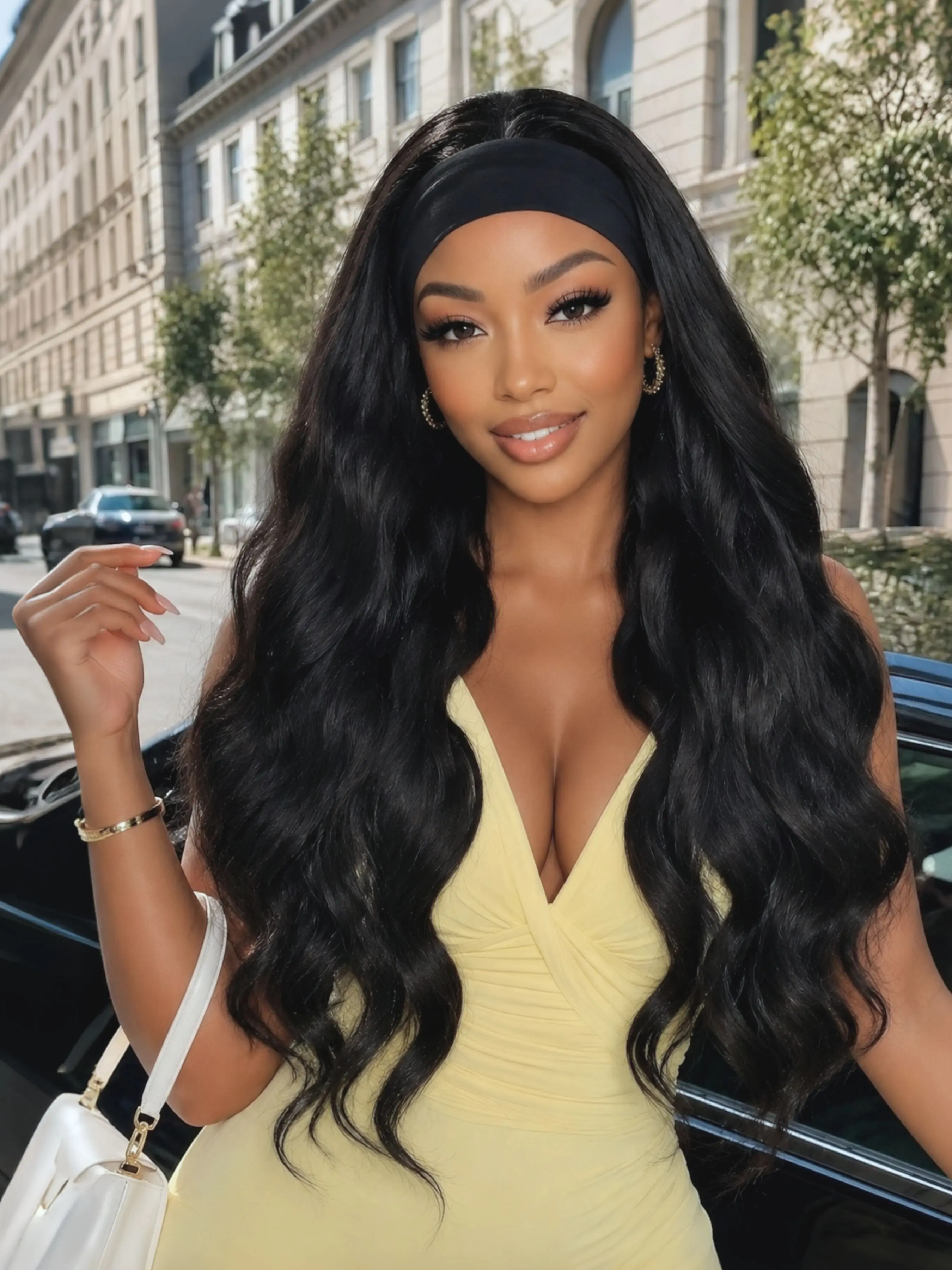 24" Black Body Wave Wavy Headband Wig Heat-Resistant Synthetic Hair Glueless Wig Wear & Go Easy Install Beginner Friendly Wigs