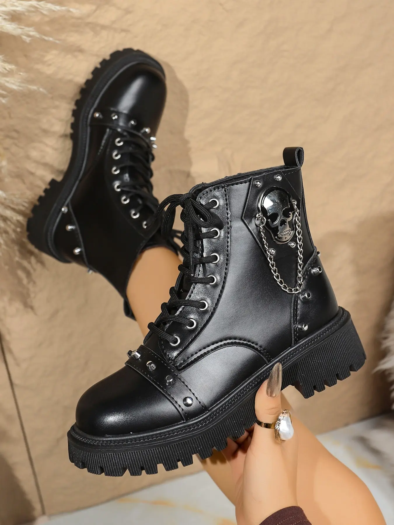 Vintage Rivet Skull Chain Fashion Boots, American Punk Jagged Thick Sole Lace-Up Motorcycle Short Biker Boots, Stylish and Unique Design, Gothic Boots