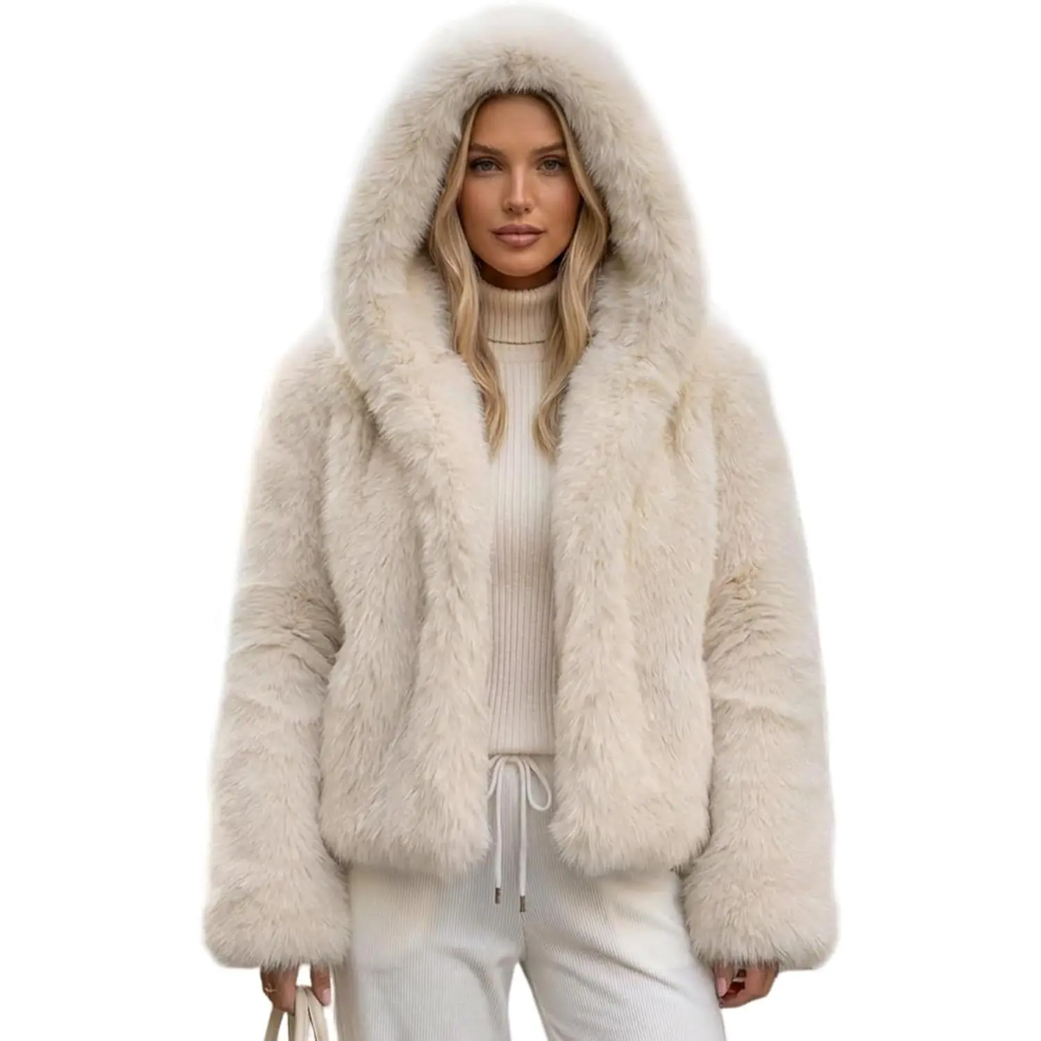Wyeysyt Women's Faux Fur Coat with Hood Open Front Fluffy Short Coats Winter Warm Thick Cropped Hooded Shaggy Jacket
