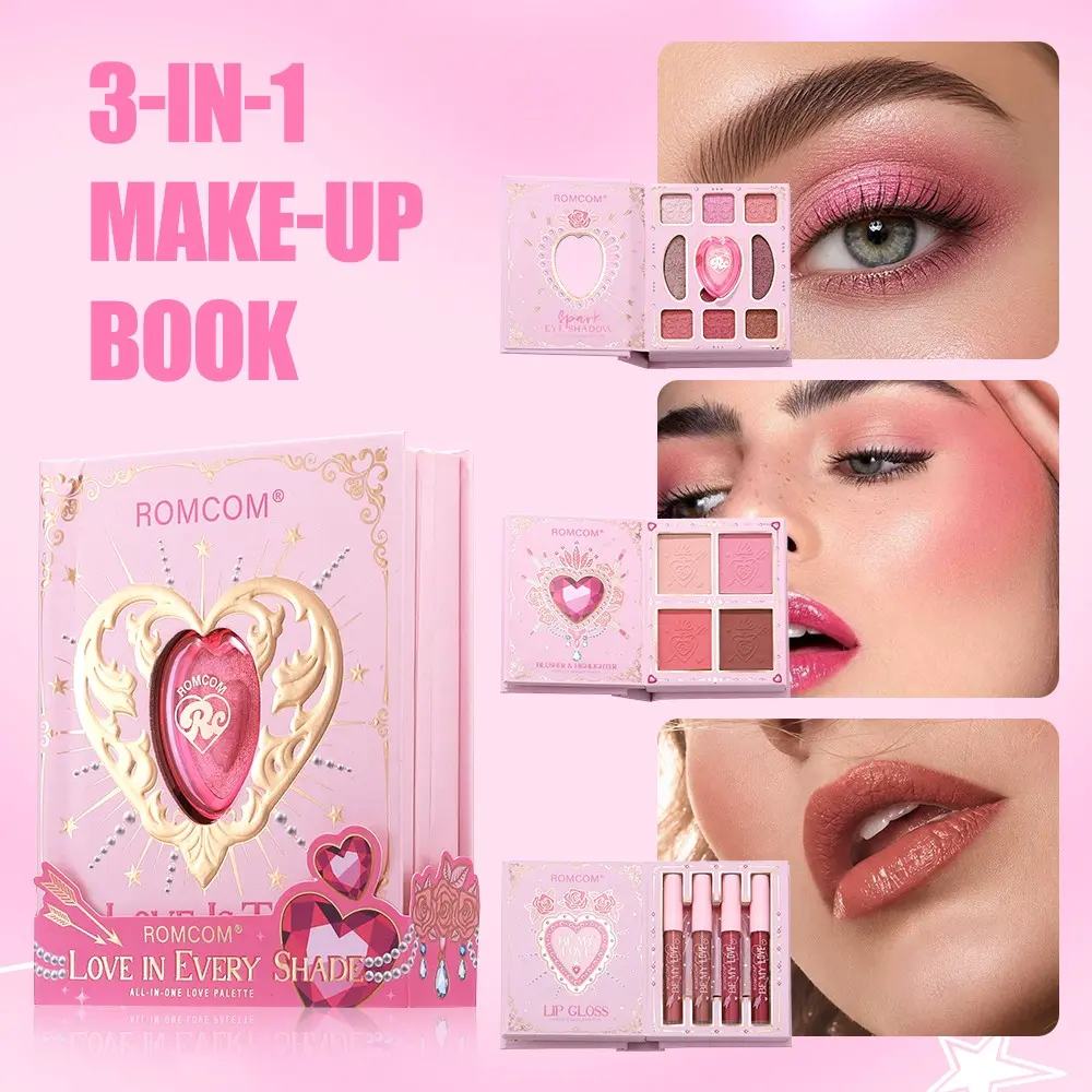 ROMCOM 3 Tier Book Shaped All In One Makeup Palette, Glam Makeup Set, 9 Shimmer Eyeshadow+4 Blush Highlighter+4 Matte Lip Gloss, Cute Princess Gift Makeup Book for Summer Festival Grad Prom Valentine Party Daily Travel Makeup