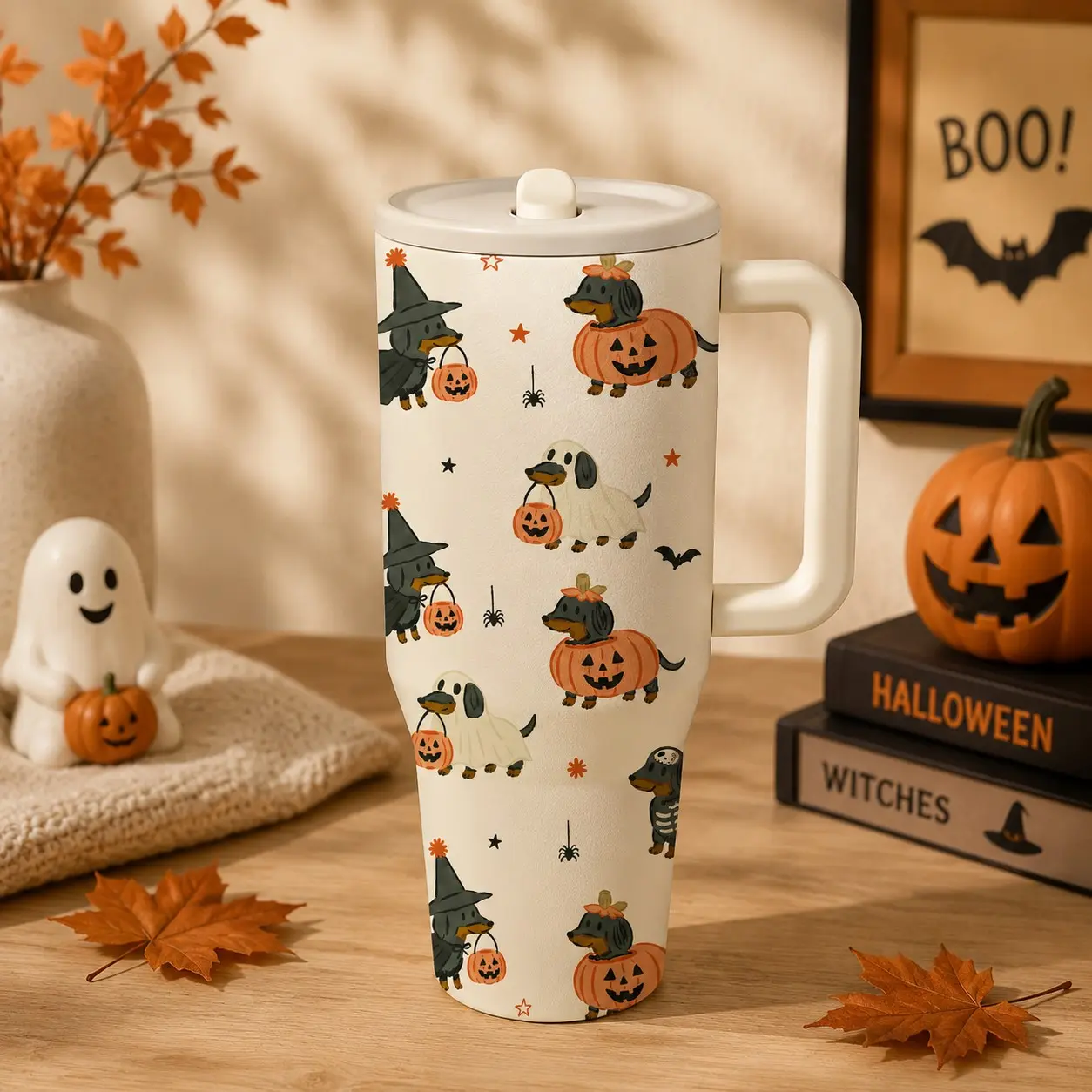 40oz Halloween Dog Insulated Cup, Thermo Cup, Cute Pumpkin Dog Design, Stainless Steel, Double Wall Vacuum, Leak Proof, Handle Straw, Large Capacity, Gift Idea