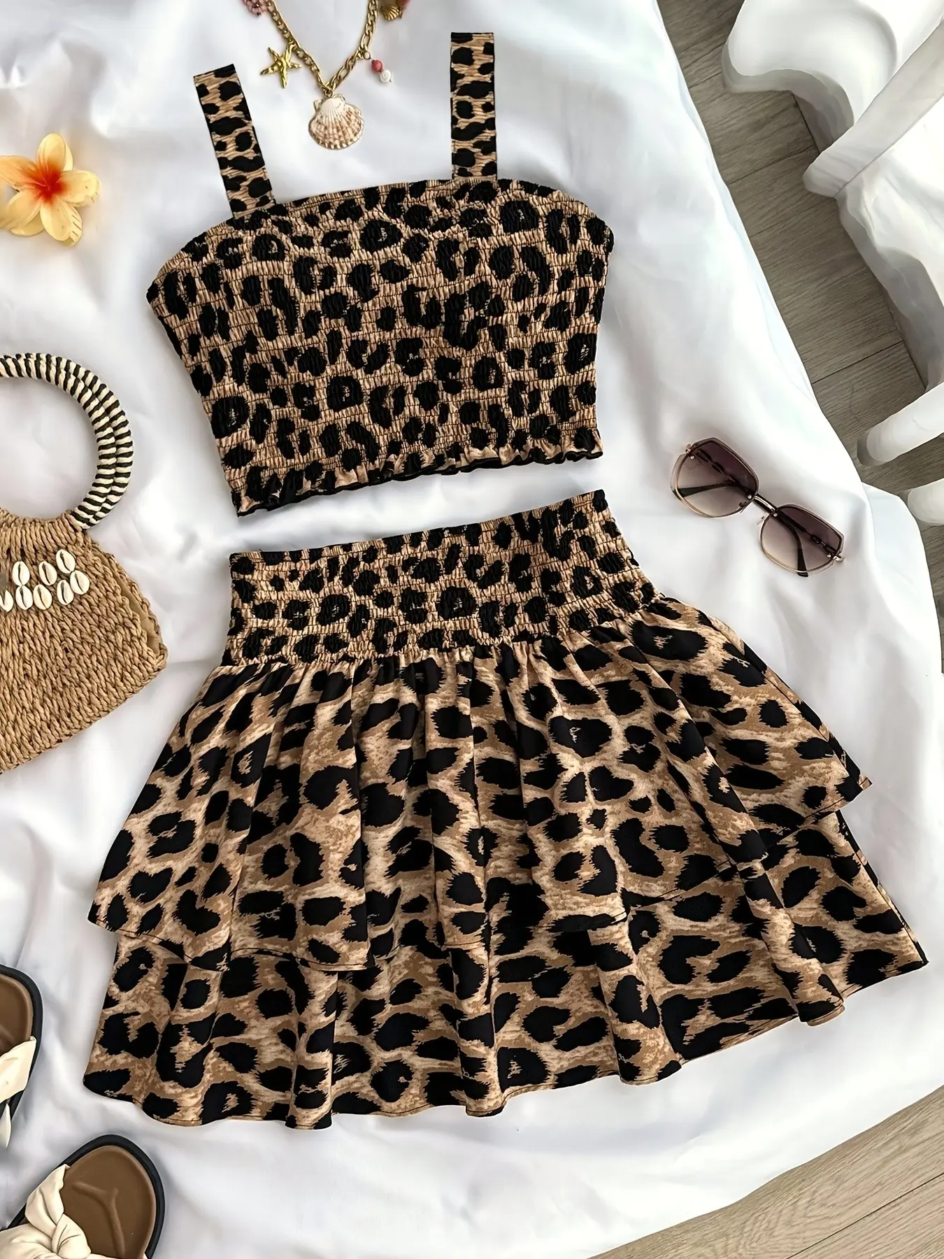 Girls Leopard Print Crop Top and High Waist Ruffle Skirt Set, Casual Holiday Street Style, Leopard Print Two Piece Set, Teenage Summer Outfits Set